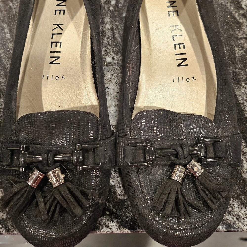 Anne Klein i flex Black Metallic Loafers Flats with Tassels Size 6.5